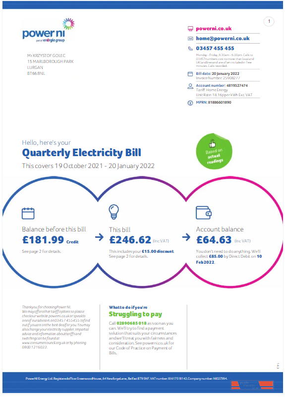 UNITED KINGDOM POWER NI utility bil Word and PDF template